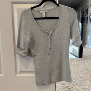 White House Black Market Gray Lace-Up Short Sleeve Tee